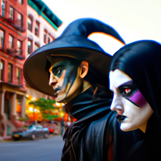 An artistically blurred photo of two people dressed in dark clothes and wearing face paint, one with a witch's hat. Behind them is a row of apartment buildings.