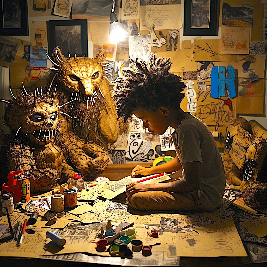 a black person with natural hair sits amidst notes and drawings, next to two creepy dolls with spikes protruding from their heads