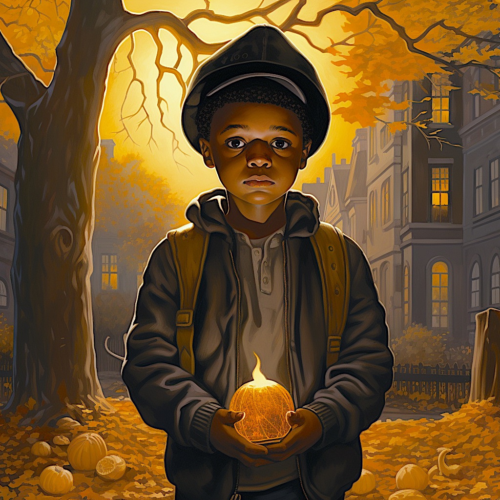 a black person in a coat and hat holds a glowing pumpkin lantern in front of a street lined with houses, pumpkins, and leaves