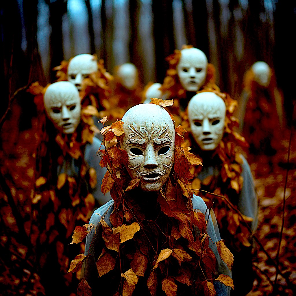 people in ceramic masks stand in a group, covered in dead leaves and branches