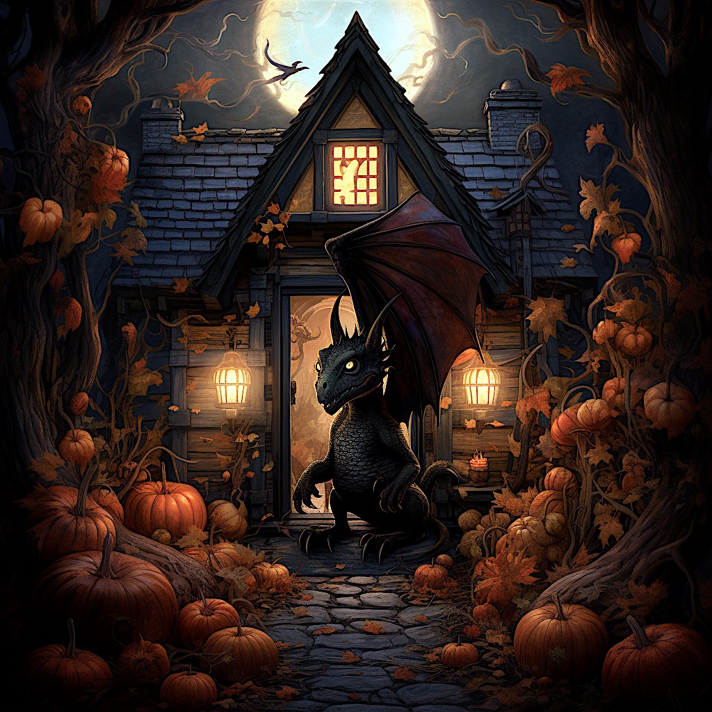 a black dragon stands in front of an open door before a house lit from within, surrounded by pumpkins and bare trees