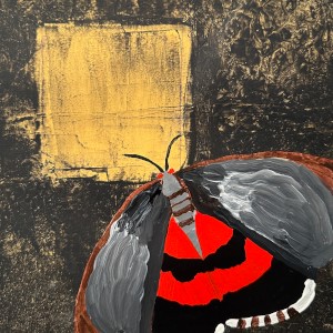 Acrylic on paper. A large grey moth hovers outside a yellow square suggesting a window, over a mottled background of black and yellow. The moth has underwings that are orange and black and suggest a jack-o-lantern face.